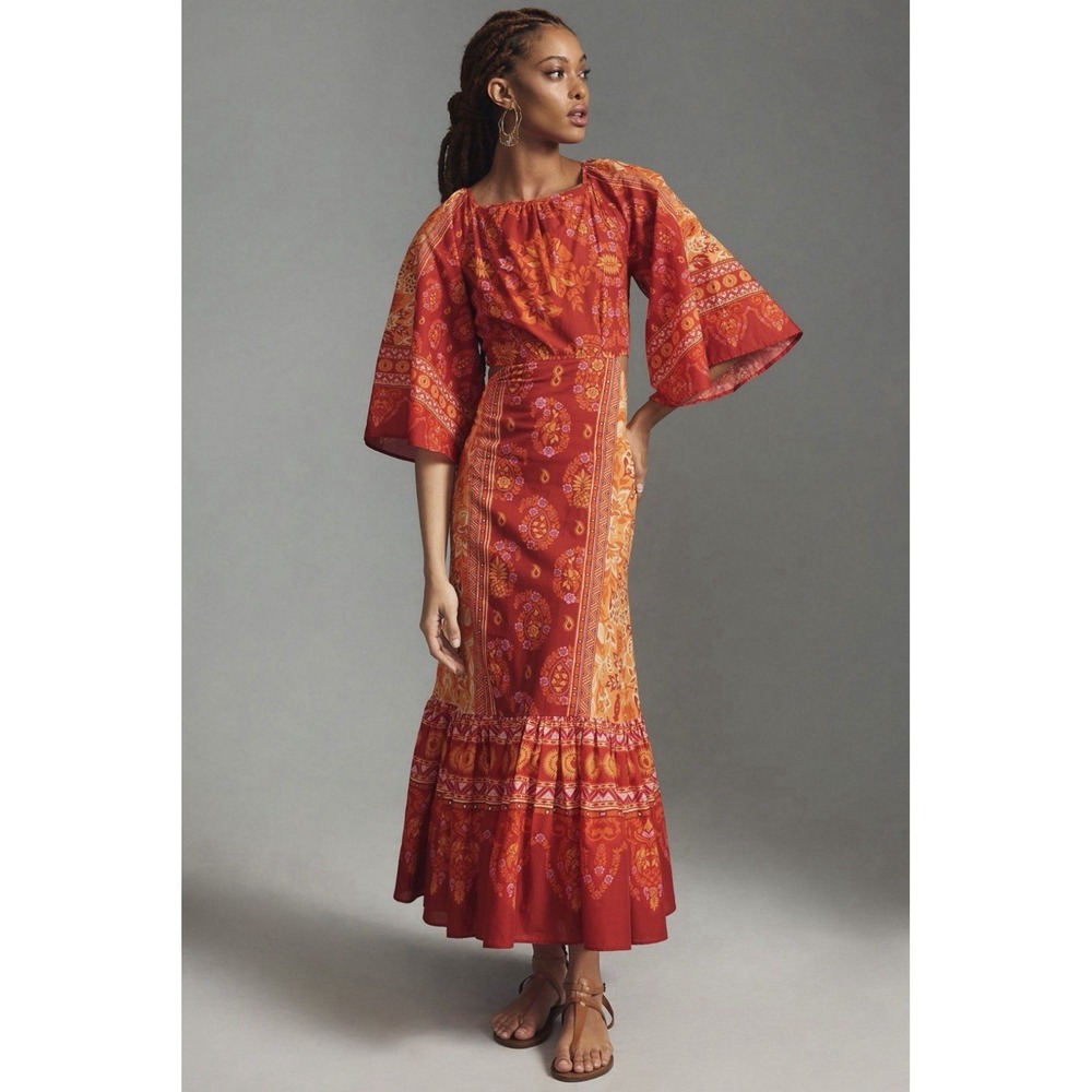 Farm Rio Anthropologie Combuco Cutout Maxi Dress‎ Sz S Boho Resort Floral Fiesta